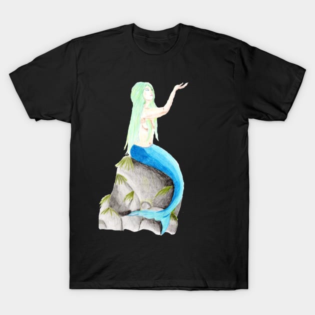 Sitting on the rock, reaching for the stars- Mermaid Dark Green T-Shirt by EarthSoul